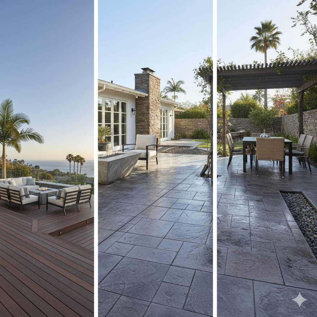 A luxurious, multi-level coastal backyard deck with a fire pit, modern seating, and an ocean view at sunset
